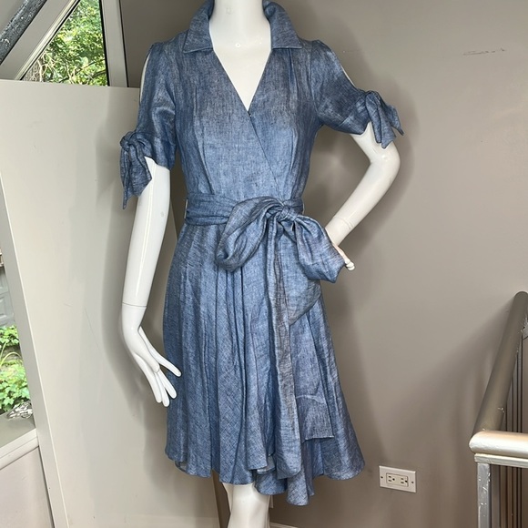 Milly Sz 2 Linen Chambray Blue Valerie Cold Shoulder Wrap Dress - Picture 3 of 11